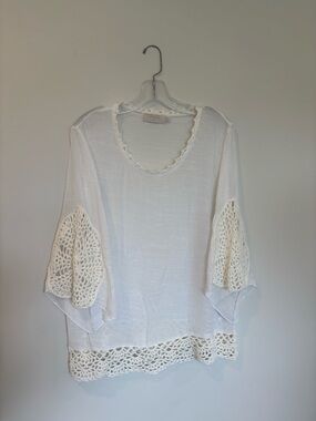 Cream Boho Crochet Lace Blouse | Romantic Gauze Top | Boutique Style | 42 (Euro)